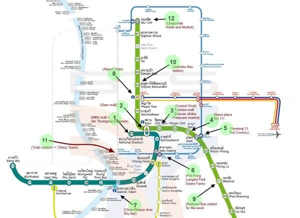 mapa de bangkok bts mapa con lugares de interés
